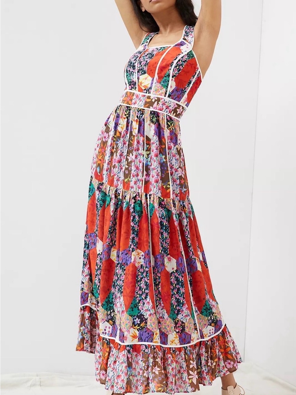 Anthropologie Bhanuni Jyoti Patchwork Floral Square Neck Maxi Dress Size 4